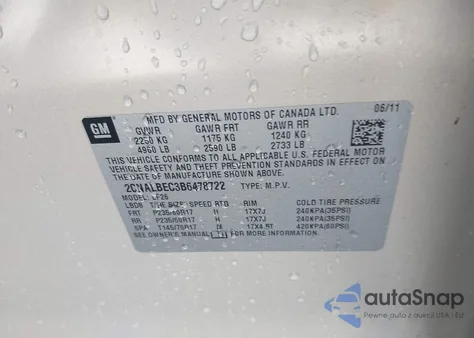 2011 Chevrolet Equinox Ls z USA, uszkodzony, nr VIN 2CNALBEC3B6478722